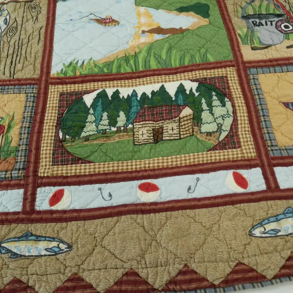 Vintage Applique‎ Fishing Quilt Man Cave Cabin Outdoor Novelty Patch Magic 58x49